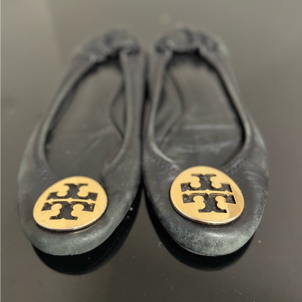 Tory Burch Black Flats with Gold Logo